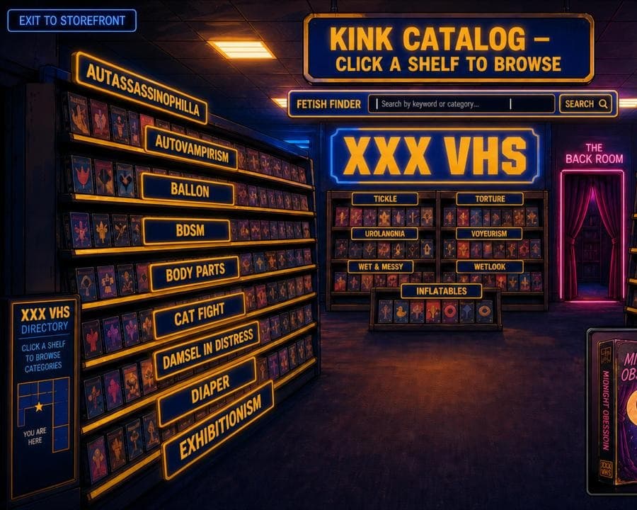 Illustrated VHS XXX store interior with visible mobile category shelves