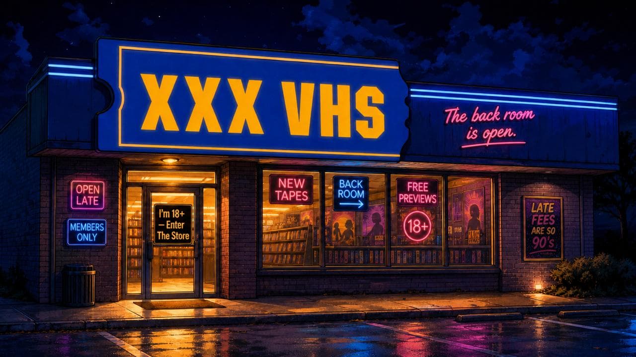 Illustrated VHS XXX video-store storefront at night