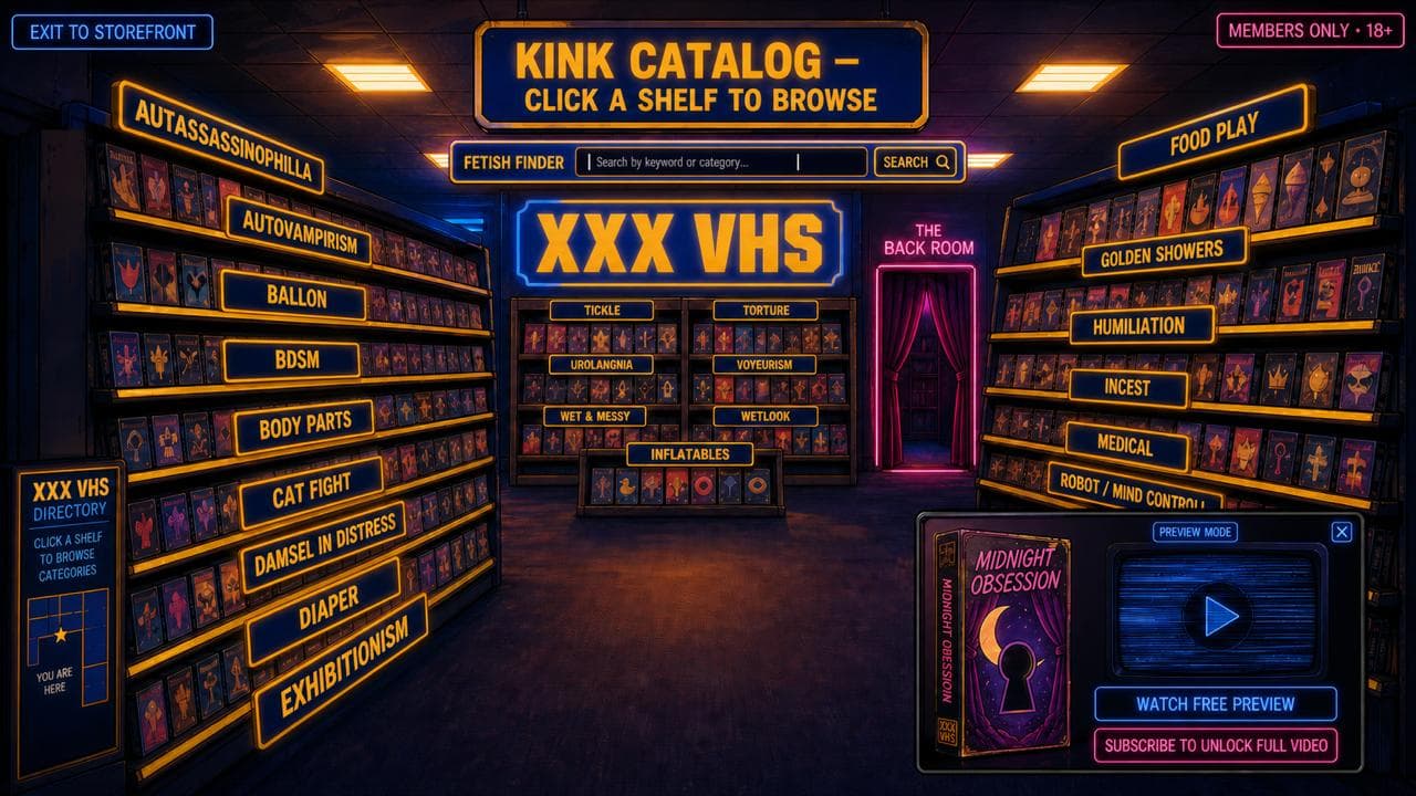 Illustrated VHS XXX store interior with category shelves